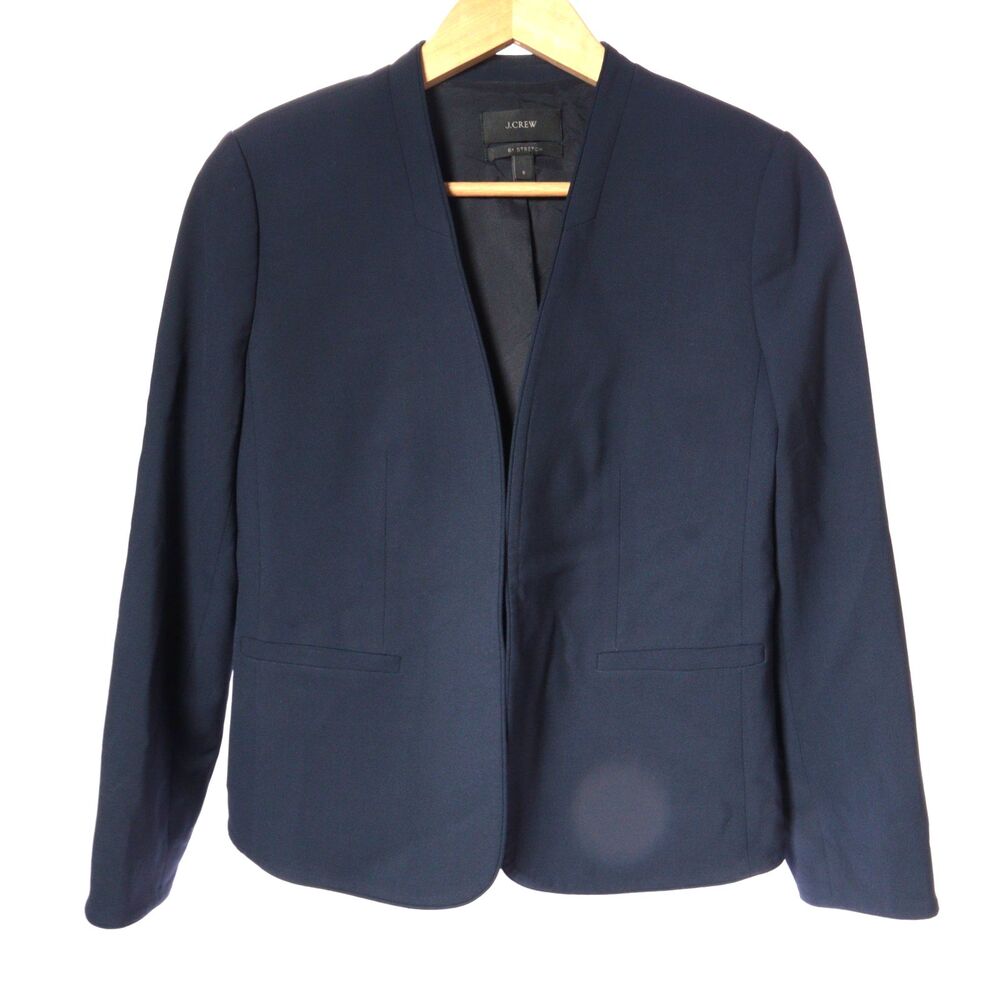 J CREW Going Out Blazer Jacket Women 8 Navy Clasp Front Pocket Casual Bi-Stretch